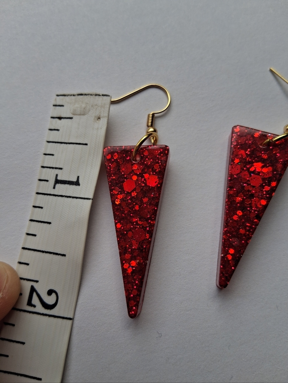 Handmade Red Glitter Triangle Drop Earrings - Women Jewelry - Picture 5 of 5